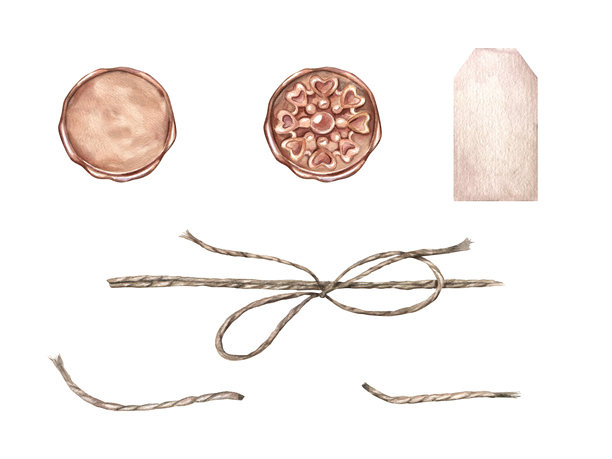 水彩复古元素，用于密封和装饰剪贴画，孤立在背景上。包含火漆印、标签、带蝴蝶结的麻绳插画。适用于婚礼请柬、包装设计、礼品包装。图片下载