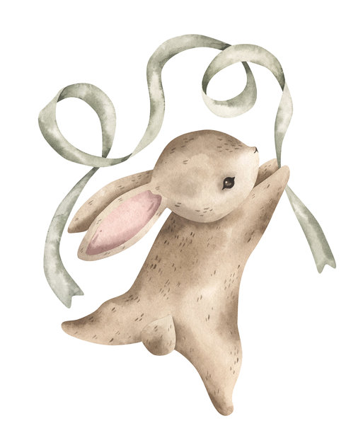 绿色复活节。迷人的水彩手绘插画，描绘了一只正在跳跃的复活节兔子和绿色波浪形丝带。可爱的季节性复活节装饰。适用于贺卡、剪贴簿和节日活动。图片下载