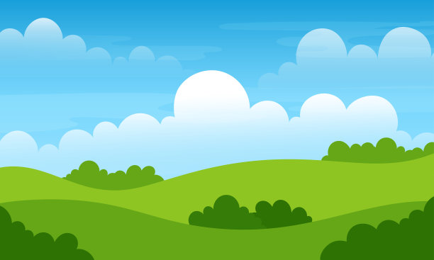 卡通绿色山丘与蓝天白云的风景，用于自然概念海报，矢量插画图片下载