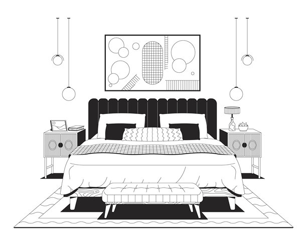 折衷风格的卧室，配有装饰艺术品和舒适的纺织品，线条插画图片下载