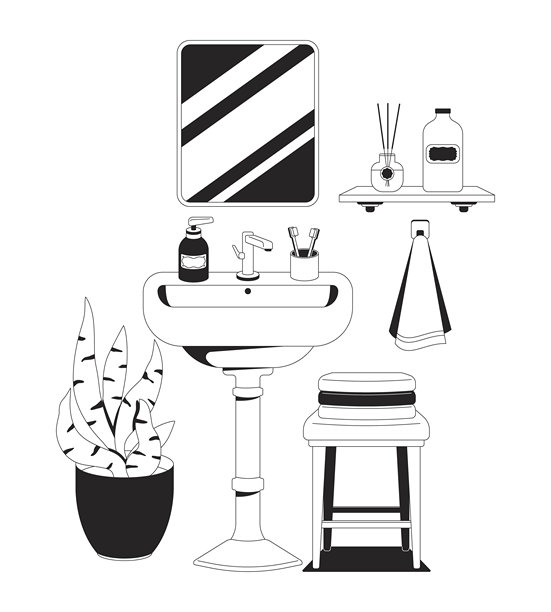 风格化的浴室洗手池及洗漱用品线描插画图片下载