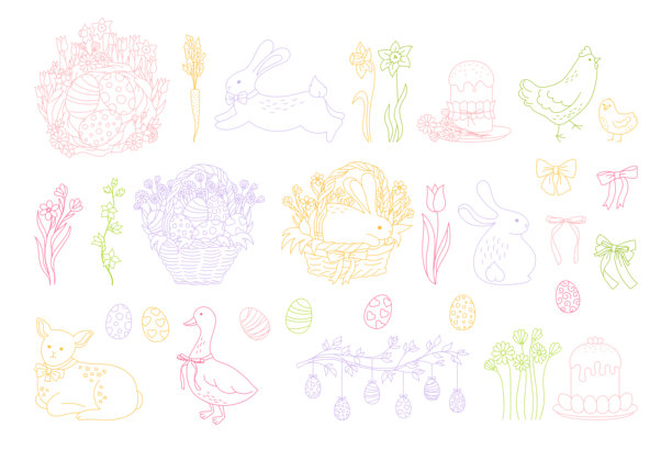 复活节元素涂鸦集，手绘线条插画，兔子、小鸡、鹅、羊羔，儿童风格矢量图图片下载