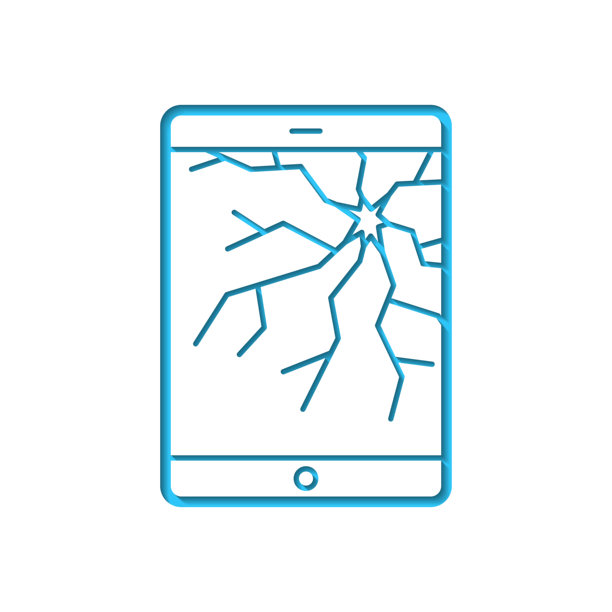 屏幕损坏的平板电脑。在蓝色背景的白纸上抠出的图标。图片下载