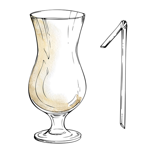 奶油菠萝椰子鸡尾酒，装在飓风杯中，配有吸管，可能是椰奶或柠檬水饮料。水墨勾勒的水彩插画，适用于异国情调派对品牌、食谱视觉效果、饮品图案包。图片下载