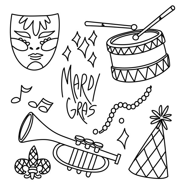 一套涂鸦风格的狂欢节素材，包含面具、乐器、帽子、珠子等元素。适合用于装饰材料、商品、广告宣传以及与狂欢节庆典和活动相关的装饰品。图片下载