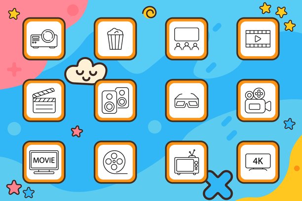 电影场景图标。投影仪、爆米花、观众、胶片框、场记板、扬声器、3D眼镜、摄像机、电影、胶卷、电视、4K屏幕。娱乐、影院、视频。图片下载
