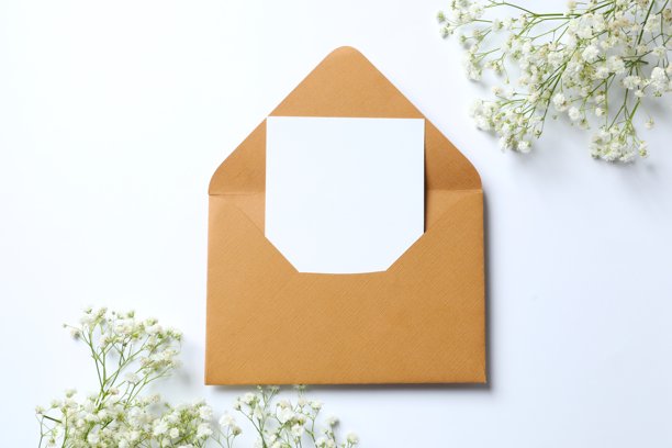 白色背景上，满天星花朵和纸信封的俯视照片图片下载