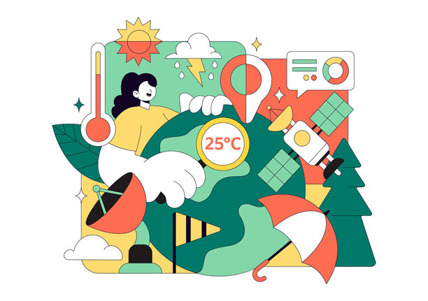 气象学家矢量图，描绘一位气象预报员在扁平背景上分析大气降水图和天气模式。图片下载