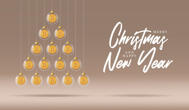 比特币圣诞树和新年祝福横幅。圣诞快乐金色贺卡，以玻璃圣诞球为装饰，背景为米色。矢量插画图片下载
