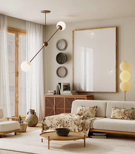 现代米色客厅，配有木制家具、温暖的灯光和一个空白的海报画框，可用于展示艺术品或室内设计。三维插画。图片下载