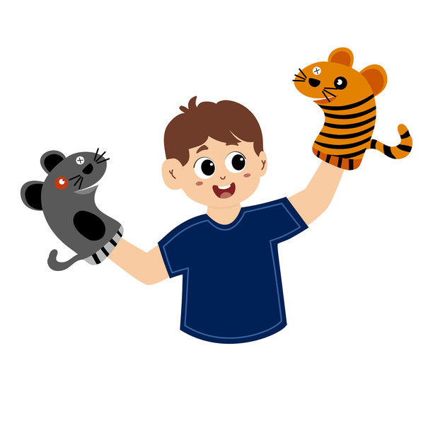 儿童木偶剧表演的矢量插画。木偶戏。用袜子制作的动物木偶玩具。儿童木偶剧院，舞台上的动物木偶戏。图片下载