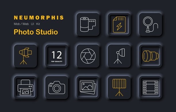 摄影棚套装图标，包含聚光灯、三脚架灯、相机、镜头、闪光灯卡、画廊、打印机、环形灯、照片条、照明面板、光圈、胶卷、电池图片下载