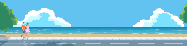 情侣携手漫步海滩的扁平化矢量插画。图片下载