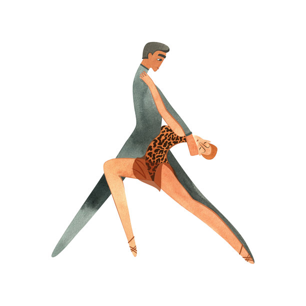 情侣在演出或表演中跳帕索多布雷舞。拉丁美洲体育舞厅舞蹈ProAm项目。女士身穿豹纹连衣裙。孤立的水彩插画，用于关于成人舞蹈学校的文章。图片下载