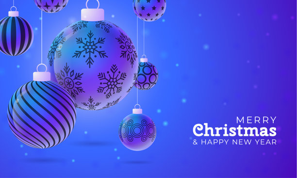 圣诞新年运动横幅。圣诞快乐科技贺卡，以紫色霓虹灯背景上的圣诞球作为装饰品。矢量插画图片下载