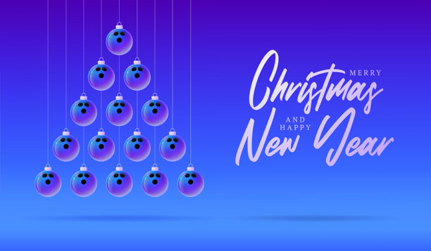 保龄球 圣诞和新年运动横幅。圣诞快乐科技贺卡，以紫色霓虹灯背景上的圣诞球作为装饰。矢量插画图片下载