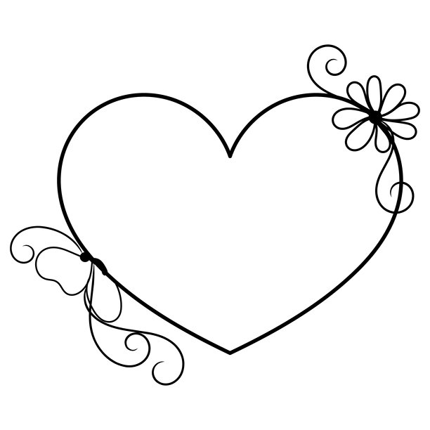爱心形状的黑色轮廓边框，装饰有蝴蝶线条艺术和花卉插画边框剪贴画矢量图图片下载