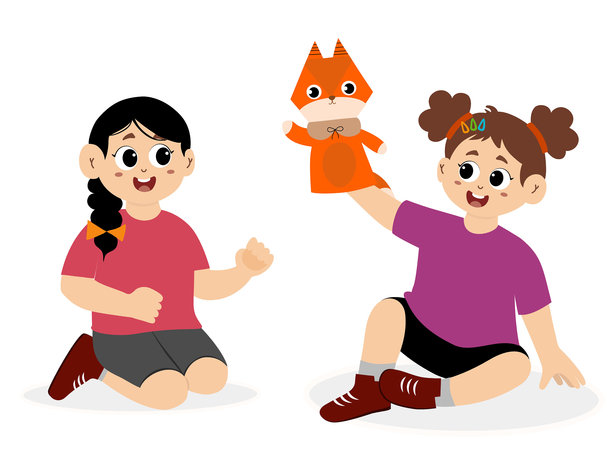 儿童木偶剧表演矢量插画。木偶戏。孩子们用袜子制作的动物木偶玩具。儿童木偶剧场，舞台上的动物木偶秀图片下载