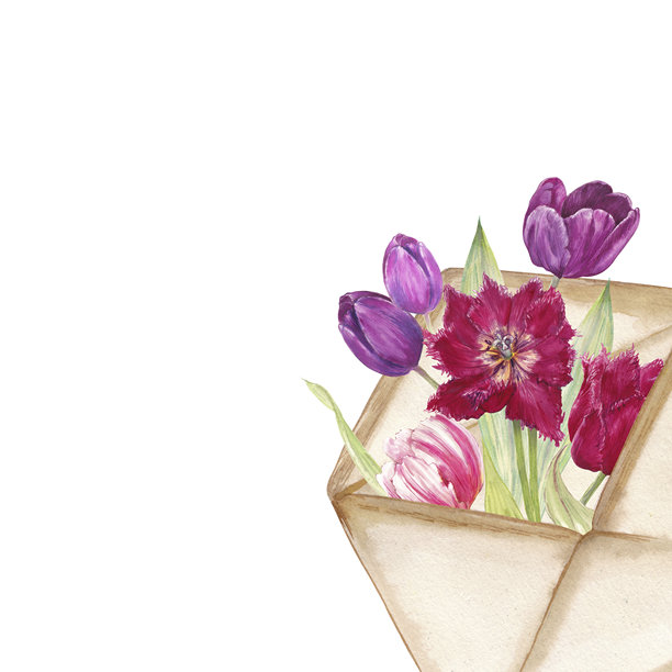 一圈用粉色、紫色和红色盛开的郁金香绘制的水彩花环，排成圆形框架。优雅的植物插画，孤立在黑色背景上，非常适合春季设计和浪漫项目。图片下载