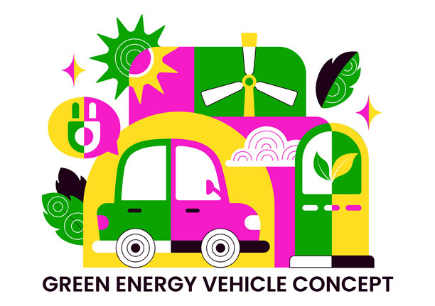 绿色能源汽车矢量插画，涵盖电能、环境保护、电动交通和可持续资源图片下载