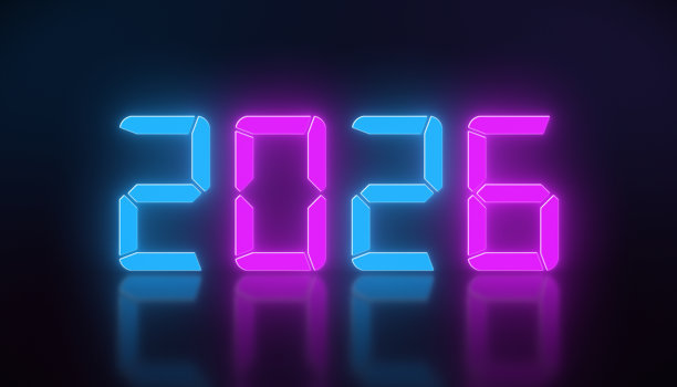 蓝色和品红色的LED显示屏插画，显示2026新年字样。图片下载