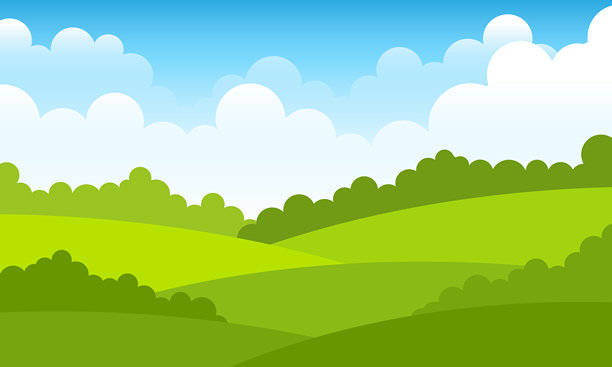 蓝天背景下的绿色山丘卡通风景。矢量插画图片下载