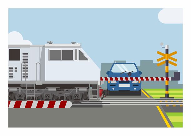 火车通过双轨铁路道口。简约扁平插画。图片下载