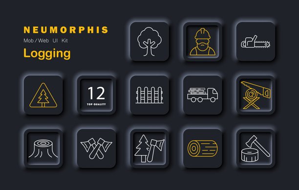 伐木套图图标。树木、斧头、锯子、头盔、树桩、卡车、原木、伐木工、木材、链锯、木材、栅栏，采用轮廓新拟态林业主题。图片下载