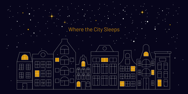 极简夜景城市插画，有发光的窗户、星空和宁静的街道。线条勾勒的建筑营造出平静的城市氛围，唤起沉睡小镇的寂静、神秘与祥和。图片下载