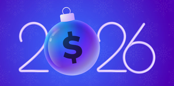 2026新年运动主题金钱横幅。圣诞科技贺卡，以紫色霓虹灯背景上的圣诞球作为装饰。矢量插画。图片下载