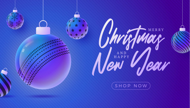 板球圣诞新年运动横幅。圣诞快乐科技贺卡，圣诞球作为装饰挂在紫色霓虹灯背景上。矢量插画图片下载