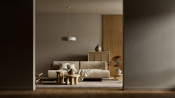 柔和光线下的负空间室内，带有自然纹理、木质点缀和极简暖色调氛围，专为现代视觉品味而设计。三维插画图片下载