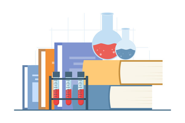 化学实验室研究概念，包含实验设备和书籍。插画风格，适用于科学实验、化学研究、实验室教育和研发等主题。图片下载
