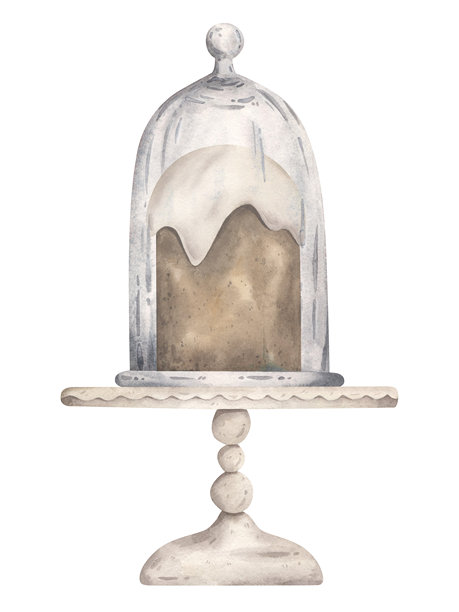 绿色复活节。迷人的水彩手绘插画，描绘了带有白色糖霜的传统复活节蛋糕，放在白色的复古蛋糕架上，并盖着钟罩。可爱的季节性复活节装饰。适用于贺卡、剪贴簿和节日活动。图片下载