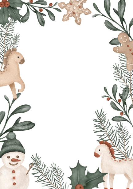 垂直横幅水彩插画，包含松枝、杉树、蝴蝶结和马匹。圣诞贺卡，装饰有冬青、红浆果和甜饼干姜饼。手绘新年插画雪人。图片下载
