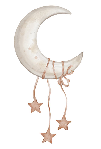 带有红色星星并用丝带系着的月亮构图。手绘水彩插画，采用柔和色调，适用于婴儿送礼会邀请函或婴儿房墙壁艺术。为儿童贺卡绘制的星空。图片下载