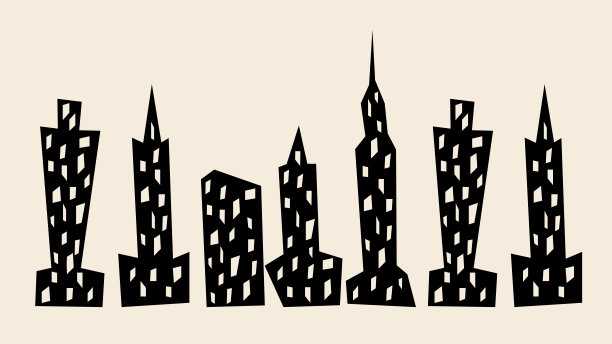 受纽约建筑启发的黑白剪影城市建筑插画。图形纸拼贴风格，适用于海报、版画和平面设计。图片下载