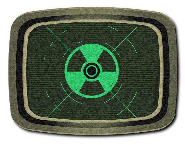 复古绿色屏幕的未来派电视屏幕界面，带有放射性污染警告标志图片下载