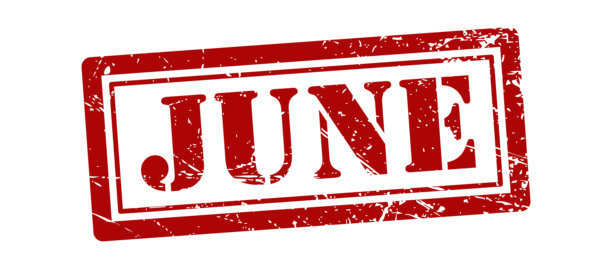 六月Grunge印章插画，采用红色墨水风格，孤立在透明背景上，复古橡皮图章设计，适用于日历月份概念海报、印刷品、横幅、品牌推广和编辑用途图片下载