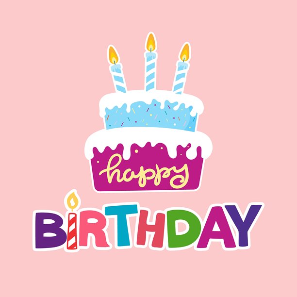 粉色背景上的生日快乐贺卡插画，配有手写文字和生日蛋糕。节日设计，适合生日庆祝、社交媒体帖子和节日问候。图片下载