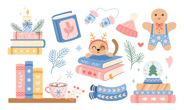 柔和色调冬季书籍剪贴画集，潮流圣诞书籍美学，书籍爱好者礼物，温馨阅读，书店节日图形，季节性矢量插画。图片下载