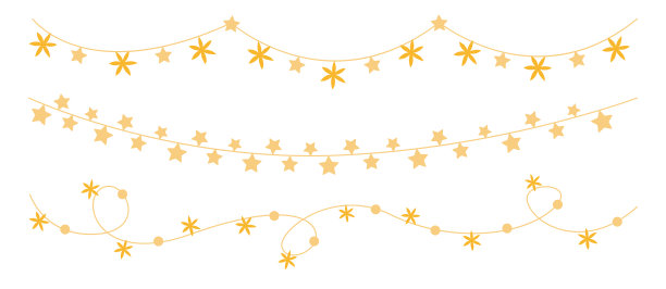 挂有装饰物的圣诞花环。悬挂在绳子上的星星装饰。矢量插画，孤立在白色背景上。图片下载