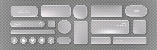 透明背景上的玻璃拟态UI设计元素。磨砂玻璃形状、图标、按钮、手机屏幕，适用于网页、应用程序、横幅和社交媒体图片下载