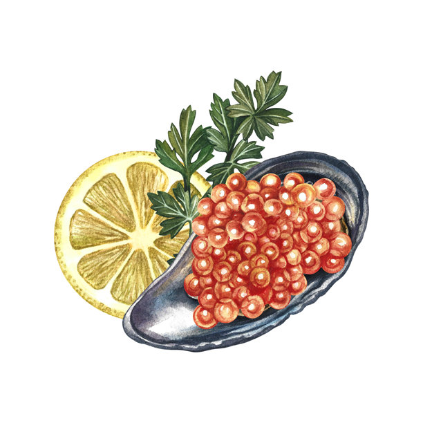 贻贝壳中的红鱼子酱。手绘水彩插画。一道菜肴的精美多彩图像，包含红鱼子酱、柠檬和香草。非常适合菜单、食谱书、包装、标签等。图片下载