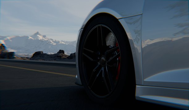 汽车轮毂，路边视角，道路，公路，三维插画。图片下载