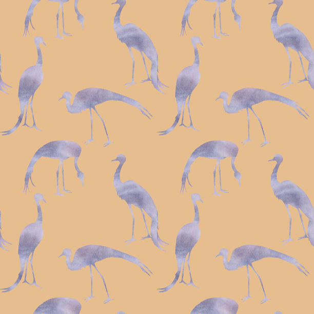 以紫丁香米色为背景的鹤剪影无缝图案。适用于生态项目、海报、酒店设计和自然保护区网站的水彩插画。图片下载