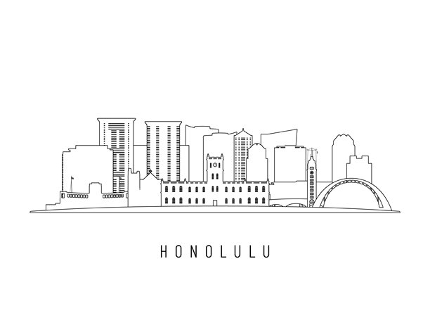 檀香山城市景观矢量插画。线条艺术风格的檀香山建筑，非常适合现代设计。图片下载