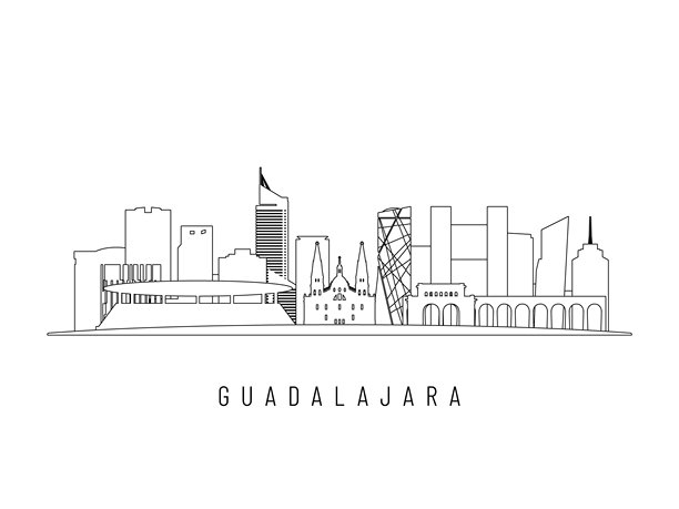 瓜达拉哈拉城市天际线矢量插画。线条风格的瓜达拉哈拉建筑，非常适合现代设计。图片下载
