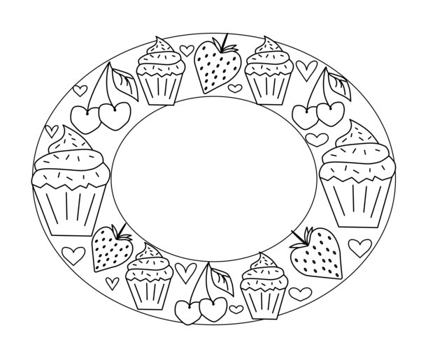 带樱桃、草莓和心形图案的纸杯蛋糕。椭圆形画框，情人节主题。矢量线条黑白插画。适用于包装、化妆品、纺织品、卡片设计。图片下载