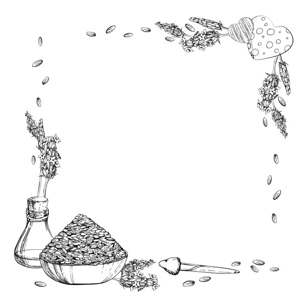 薰衣草种子装在陶碗里，带软木塞的玻璃瓶，滴管，花茎。角落方形框架，手绘矢量墨水插画。植物生态包装，普罗旺斯市场标签图片下载